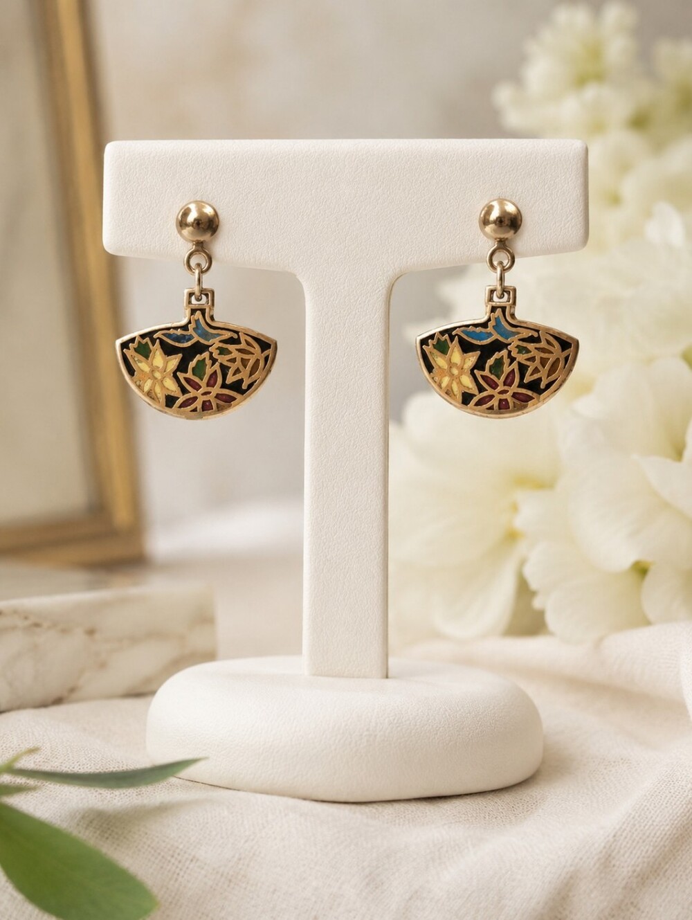 Vintage Fairycore Cloisonne Gold Floral Enamel Fan Shape Boho Festival Earrings